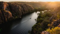 aerial of Nitmiluk Gorge Cruise travelling along the Gorge