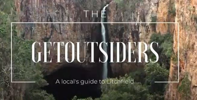 image of white text that reads THE GET OUTSIDERS on top of image of waterfall