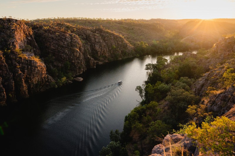 aerial of Nitmiluk Gorge Cruise travelling along the Gorge